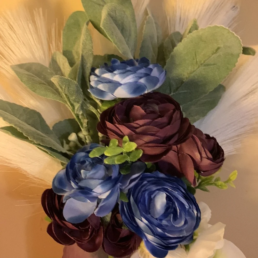 Hand Crafted- Silk floral arrangement with purple textured vase